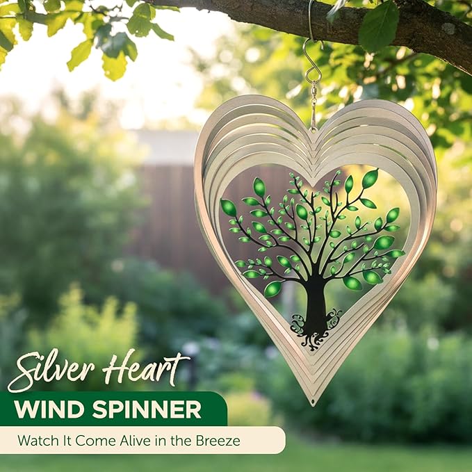 Silver Heart Wind Spinners Outdoor, Birthday Gifts for Women Mom Grandma, 12 Inch 3D Stainless Steel Hanging Wind Spinner for Yard and Garden, Tree of Life Design, Porch Patio Decor