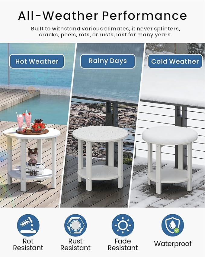 HDPE Outdoor Side Table for Patio, 18.1-Inch Weatherproof Small Outdoor Table for Adirondack, 2-Tier Round End Table for Garden Backyard Porch Deck Balcony Poolside (White)