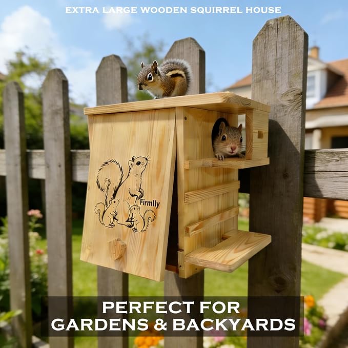 Extra Large Outdoor Squirrel House, Wooden Nesting Box | 0.7-inch pine with weather-resistant finish, external platform, front porch, ventilation and easy tree or fence mounting