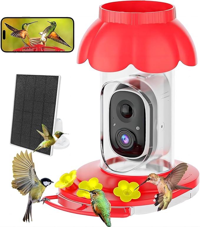 Hummingbird Feeder with Camera, Smart Hummingbird Feeder Camera Solar Powered with AI Identify, Auto Capture Bird Videos & Motion Detection, Ideal Gift for Bird Lovers