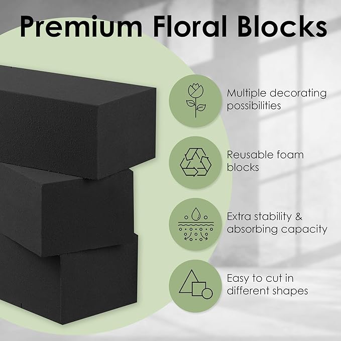 XCEL Floral Foam for Flower Arrangements Floral Foam Blocks - Reusable, Weather Resistant Craft Foam Fresh & Artificial Flower Arrangements, Styrofoam Block (Black 9" x 3" x 3" - 4 Pack)