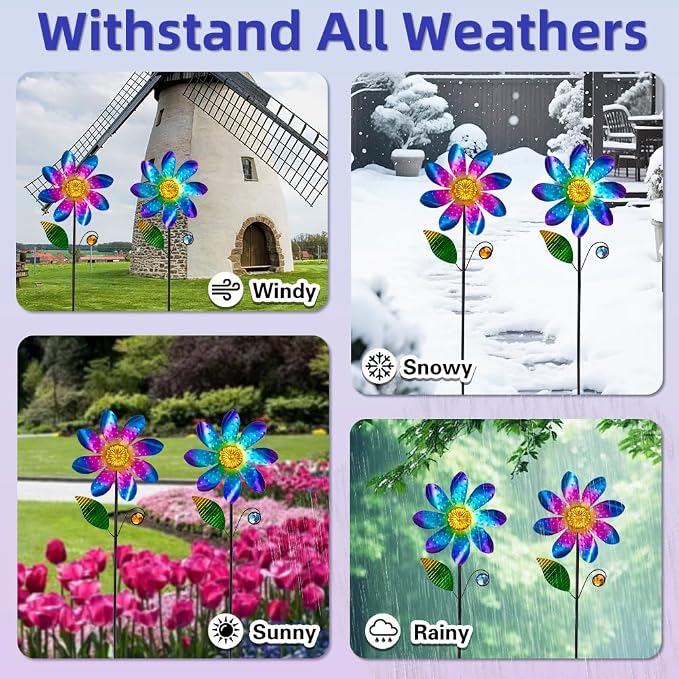 Viveta 2 Pack Flower Wind Spinners, Metal Wind Sculptures & Pinwheels for Garden, Kinetic Windmill for Yard Lawn Patio Decor(Blue and Pink)