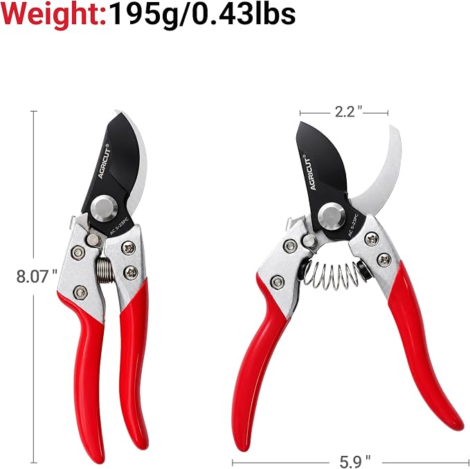 AGRICUT Pruning Shears, 7/8-Inch Cut Capacity Hand Clippers, Bypass Pruners, Gardening Scissors with Sharp Steel Blade (Aluminum Handle, High Carbon Steel)