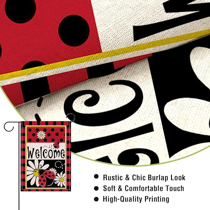 Artofy Welcome Spring Summer Ladybug Daisy Flower Small Decorative Garden Flag, Red Black Polka Dots Yard Lawn Outside Decor, Seasonal Burlap Outdoor Home Decoration Double Sided 12 x 18
