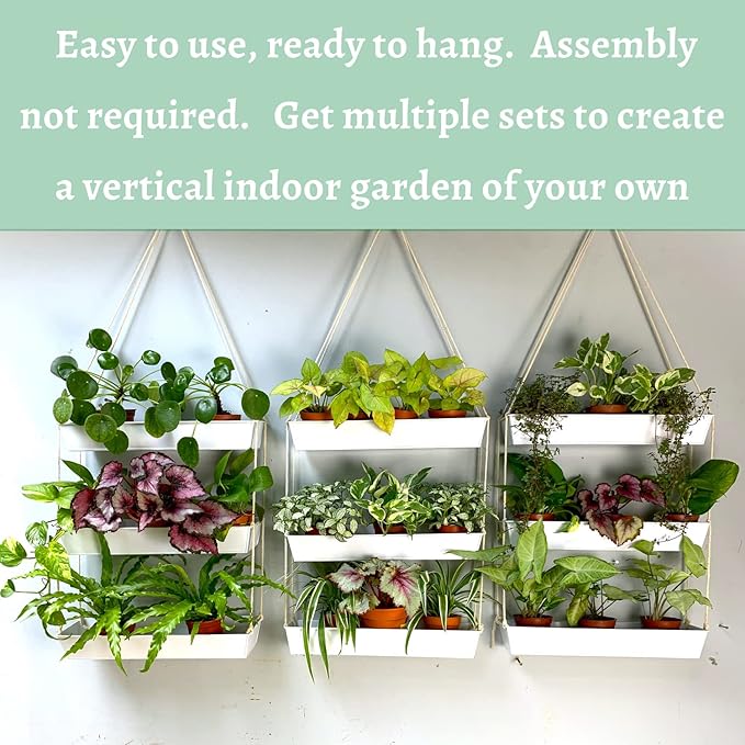 LaLaGreen Bundle- 2 Pack, 16 Inch Rectangular Metal Pot + 16 Inch Three Tier Hanging Planter Vertical Floating Large Shelf Indoor Outdoor Window Boxes Modern Boho Style Plant Holder Wall Mount Decor