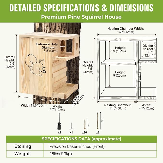 Extra Large Wooden Squirrel House Feeder Outdoor Heavy Duty Nesting Box | Solid pine 16lbs wildlife shelter with internal feeding platform. Flips open; features a predator guard & ladders.