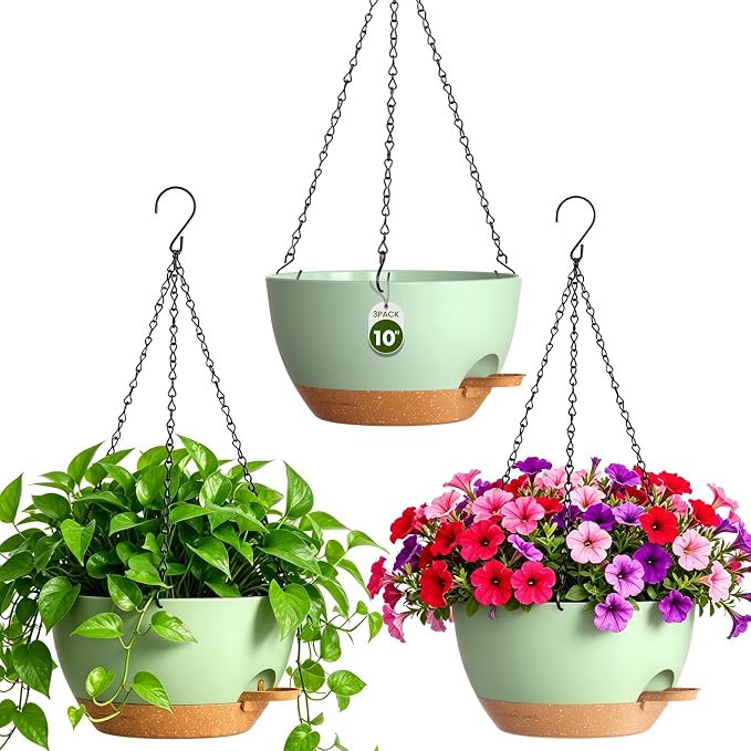 10 Inch Self Watering Hanging Planters, 3 Pack Plastic Plant Pots | Sturdy lightweight pot with side watering lip, drainage holes, snap-on detachable tray & hanging chain for easy care