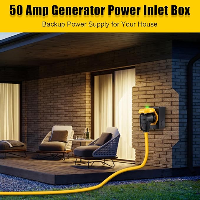 50 Amp Generator Power Inlet Box, NEMA SS2-50P Power Inlet Box for 3 Prong Generator Cord, 125/250 Volt, Up to 12500 Watts, Weatherproof Generator Inlet Box with Light Indicator, ETL Listed