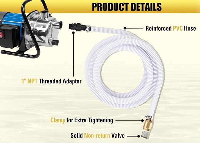 FLUENTPOWER 23FT x 1" Suction Hose Kit with Brass Fitting Check Valve and NPT 1" Thread, Water Intake Hose Set, Aspiration Hose for Well Shallow Sprinkler Garden Booster Pump, White