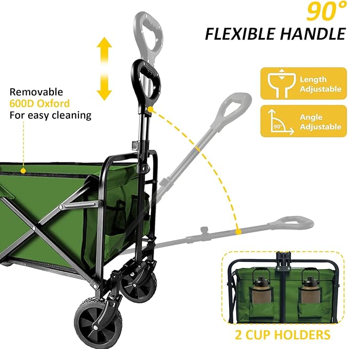 Foldable Wagon Cart, Collapsible Wagon Cart with Heavy Duty Wheels, 220Ibs Portable Folding Utility Wagon for Groceries, Beach, Camping, Outdoor Activities, Green