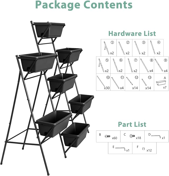 Sunexinlo 5-Tier Vertical Garden Planter with 7 Plant Boxes & Drainage Trays, Metal Freestanding Raised Bed for Herbs Flowers Vegetables, Indoor Outdoor for Patio Balcony Deck, Black
