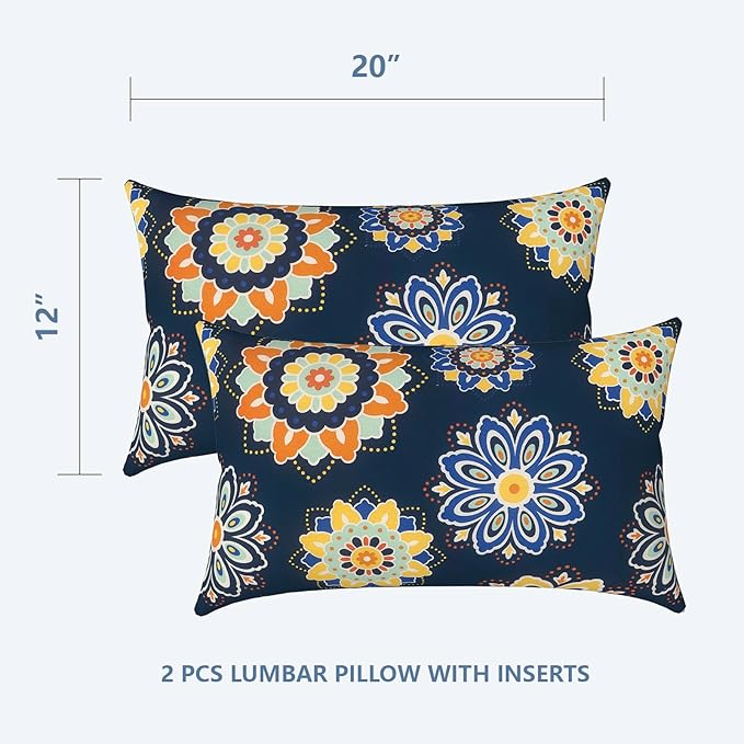 LVTLVTXIII 12×20 Inch Outdoor Lumbar Pillows, Pack of 2 Water Repellent Lumbar Pillow with Inserts, Fluffy Decorative Garden Lumbar Cushions for Home Patio Coach Sofa Use, Bloom Medallion‌ Cobalt