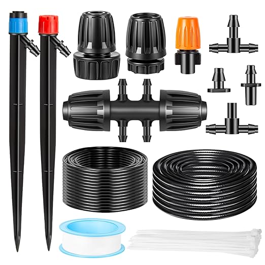 216FT Drip Irrigation System Kit, Automatic Drip Irrigation Kit with 1/2 inch Hose 1/4 inch Distribution Tubing and Accessories