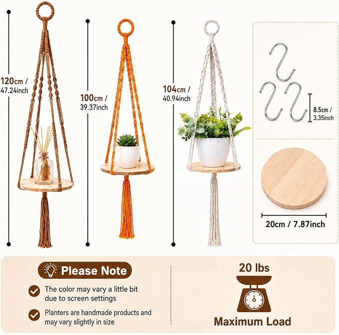 Artilady 3 Pack Hanging Planter with Wood Shelf, Macrame Plant Hanger for Indoor Boho Plants Basket Holder for Window Balcony Kitchen