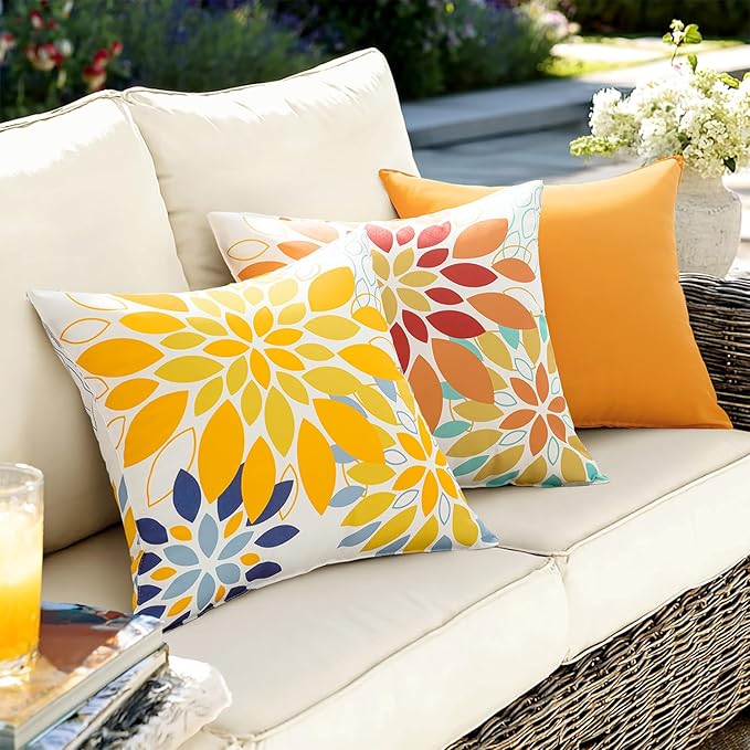 Floral Outdoor Pillow Covers Waterproof Spring Throw Pillow Cases Orange Yellow 20x20 Inch Set of 2 Decorative Summer Cushion Covers for Patio Furniture Garden Bench Porch Sofa