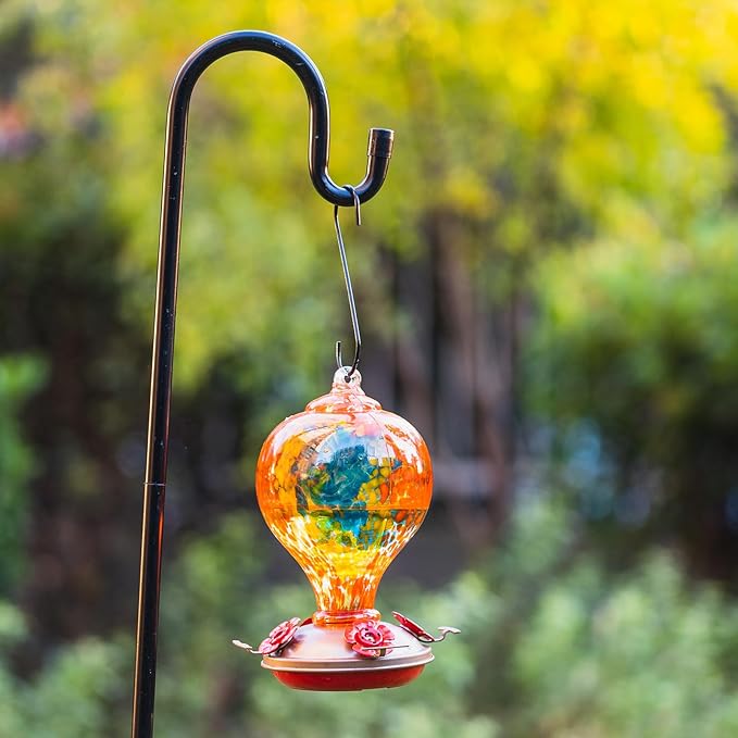 Hummingbird Feeders for Outdoors Hanging, 32OZ Hand Blown Glass Hummingbird Feeder for Outside, 4 Perch Ant Moat Leakproof, Garden Decor, Backyard Bird Gifts for Mom (Orange) | LaElvish Garden Hummingbird Feeders for Outdoors Hanging, 32OZ Hand Blown G...