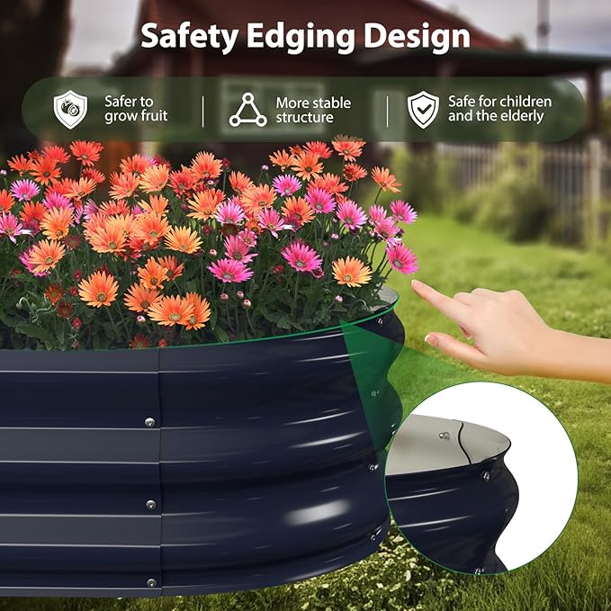 Winpull Raised Garden Bed Kit, 8x2x1 ft Galvanized Planter Box Outdoor, Oval Large Metal Raised Beds for Gardening Vegetables Flower Herb (Navy Blue)
