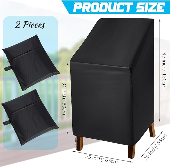 Moukeren 2 Pcs Black Outdoor Chair Cover Waterproof Stacking Patio Chair Cover for Lounge Furniture Lawn 210D Oxford Cloth 25" L x 25" W x 47" H