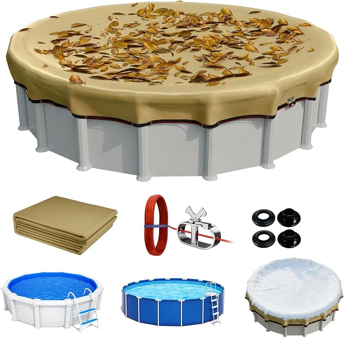 [Ultra Thick] 21FT Round Winter Pool Covers for Above Ground Pool Covers Easy Install 195GSM 500D,UV & Tear Resistant, Upgraded Heavy-Duty Winch, Reinforced Edges,Extra 4Ft Overlap Beige