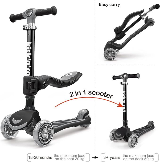Kicknroll 3-Wheel Scooter for Kids Ages 3-12 with Light-Up Wheels, Folding Design, Adjustable Height, Extra Wide Deck (110 lbs Max)