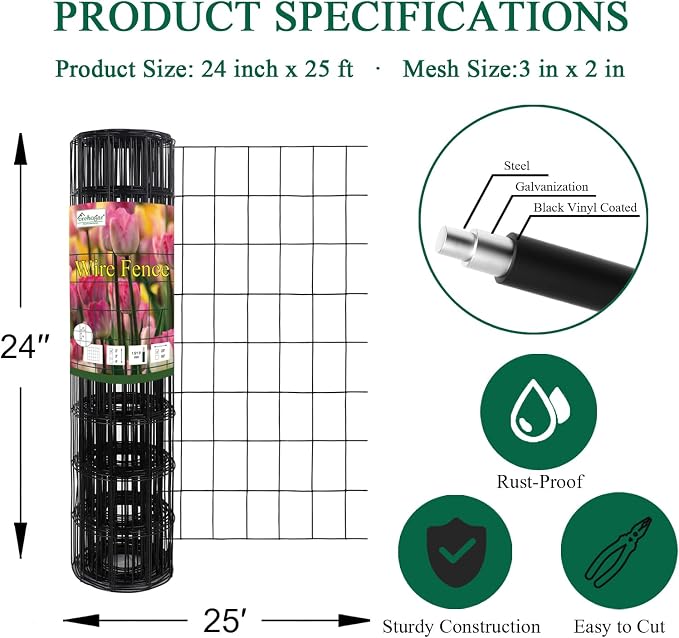 FOREHOGAR Black PVC Coated Welded Wire Fence 24 Inch x 25 Foot, 2 Inch x 3 Inch 16GA, Garden Border Fencing Roll Vinyl Coating Metal Wire Mesh for Yard Vegetable Plant Protection Poultry Netting