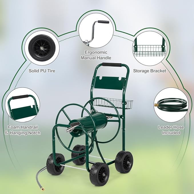 Outvita Garden Hose Reel Cart, Heavy Duty Water Hose Cart for Outside, Lawn Watering, for Garden, Yard, Lawn, Farm, Hold Up to 300 ft of 5/8’’ Hose, 4 Wheels, Storage Basket (Green)