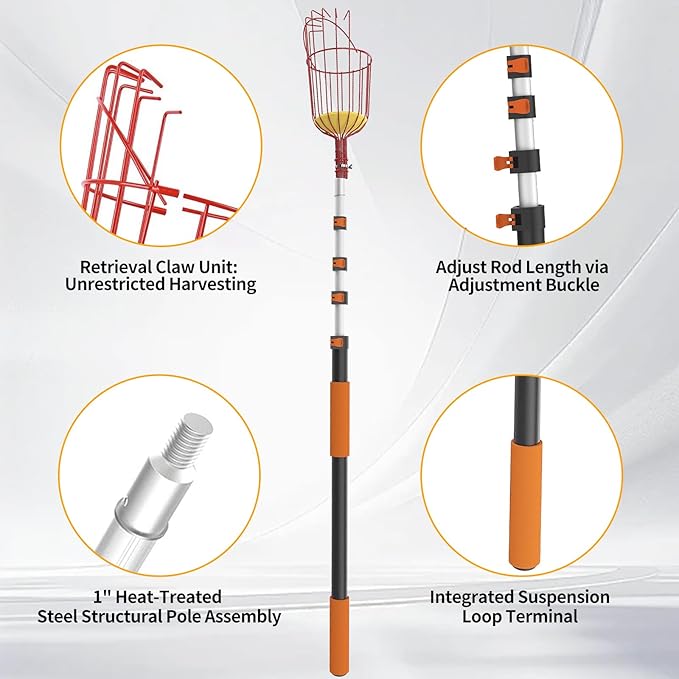WIN&YING 26FT Reach Fruit Picker Pole, Telescopic Picking Pole with Gentle Grip Claw & Collapsible Basket, Adjustable Apple Picker Pole Tool for Avocado Orange Lemon Pear Mango