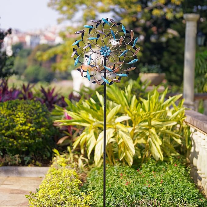 DREAMYSOUL Wind Spinner Outdoor, 23" Dia Metal Windmills with Blue and Copper Leaves, Kinetic Wind Spinners & Sculpture for Yard and Garden