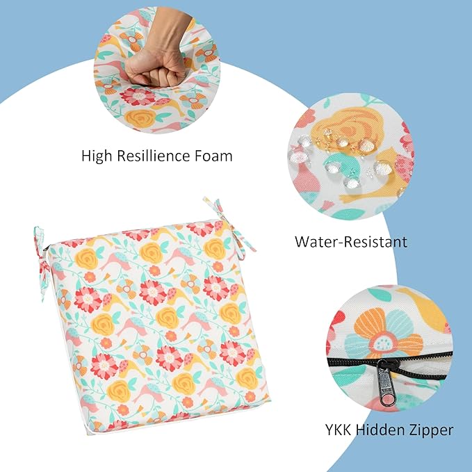 COZYVIDA Outdoor Chair Cushions Set of 4, 20"x20" Square Seat Pads with Tie Straps and YKK Zippers, 30D High-Density Foam, Water-Resistant Fabric,UV-Resistant 1000+ Hrs