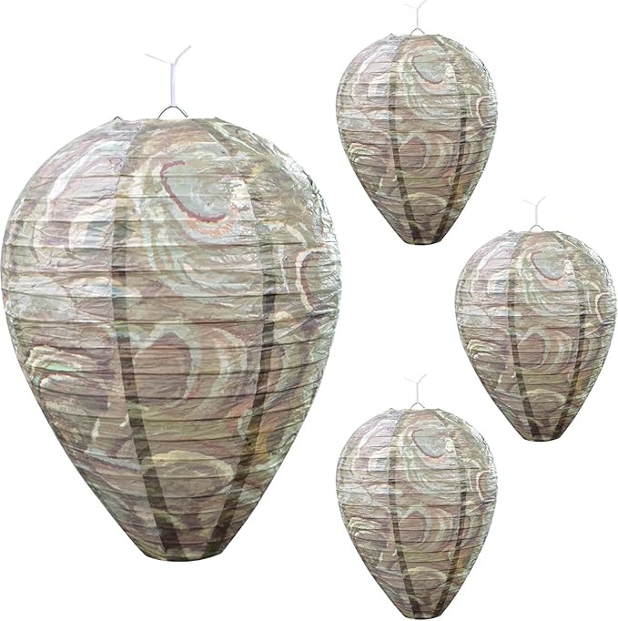 ZeeDix 4 Pack Hanging Paper Fake Wasp Nest Decoy for Outdoor, Home and Garden(8.66"×11",Dark Color)