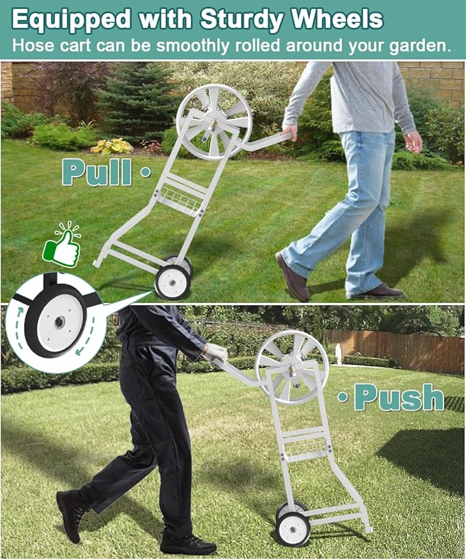 Artigarden Garden Hoses Reel Cart with Wheels, Outdoor Heavy Duty Powder Coated Steel Water Winder Storage Holds 125 ft 5/8" Hose with 3.9ft Leader Hose and Basket for Backyard, Yard, Lawn, White