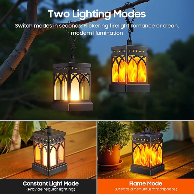 KOOPER Solar Lanterns Outdoor Waterproof, Two Modes Hanging Solar Lantern Lights for Outside, Auto ON/Off Lanterns Decorative Outdoor for Garden Table Yard Path Tree Patio Lawn Decor, Gifts, 2 Pack