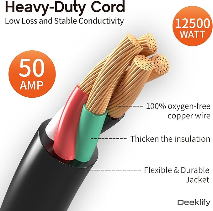 25FT 50 Amp Generator Cord, NEMA 14-50P/SS2-50R Heavy-Duty 4 Conductors Cable, Pure Copper STW RV Extension Cord, Female Plug with Twist Lock, Suitable for RV or Camper, ETL Listed