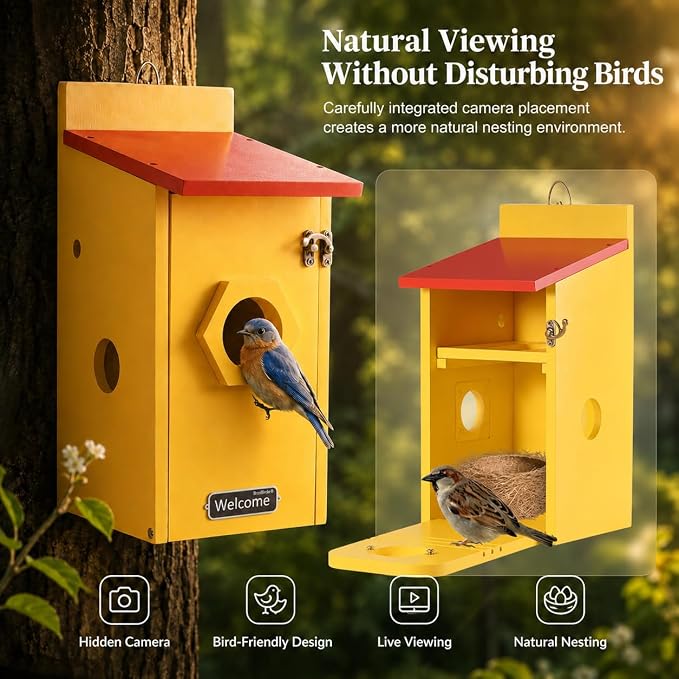 Smart Bird House with Camera, Solar Powered Birdhouse for Outdoor Bird Watching, AI Bird Recognition, 4MP Live View, Full-Color Night Vision, App Control, IP66 Waterproof