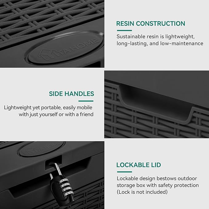 YITAHOME 32 Gallon Rattan Deck Box,Indoor Outdoor Storage Box for Patio Furniture,Pool Accessories, Cushions,Garden Tools, Sports Equipment, Waterproof Resin with Lockable Lid and Side Handles (Black)