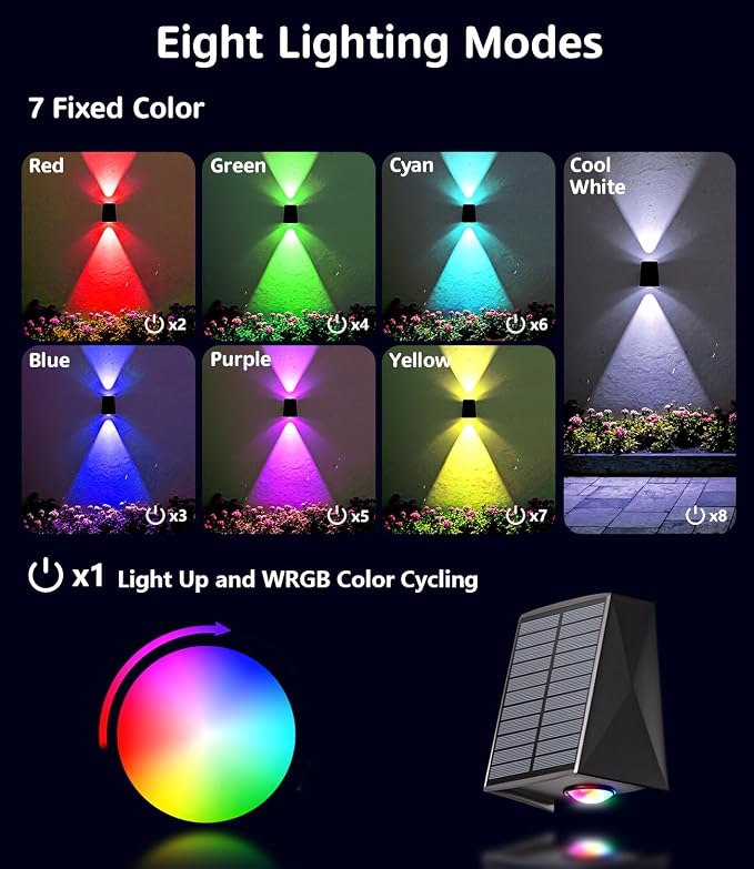 12Pack Color Changing Solar Wall Lights Outdoor Waterproof Up and Down 2 LED RGB and Cool White Sconce, Decor for Fence, Stair, House, Patio, Porch, Yard, Garden, Garage and Pool, Wall Mounted Install