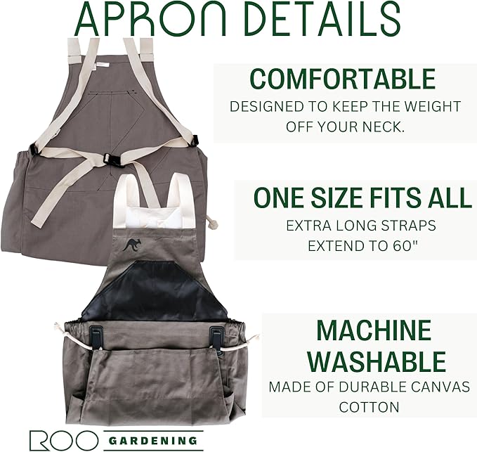 Roo Gardening Apron with Pockets for Women & Men - Canvas Garden Apron with Harvesting Pouch, Water-Resistant, Washable