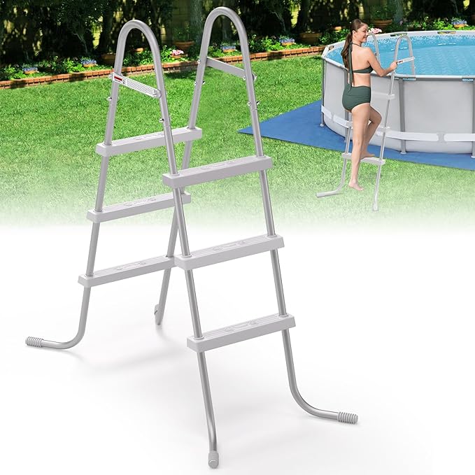 42" 3-Step Steel Frame Above Ground Swimming Pool Ladder,Heavy Duty Double Sided Removable Pool Steps,Pool Ladder Steps with Non-Slip Plastic Steps for Entry and Exit