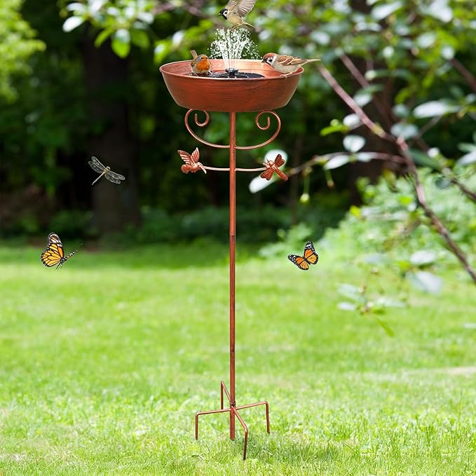 Metal Bird Bath for Outside Solar Powered Bird Bath Fountain, Freestanding Birdbath Feeder Bowl for Outdoor Garden Patio Yard Lawn Decor, Bronze, 41 in