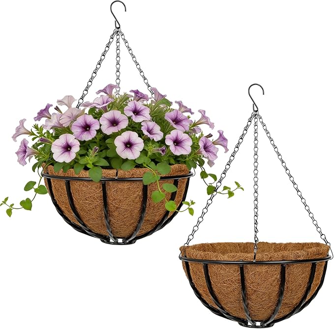 12 Inch Metal Hanging Basket with Coco Coir Liner for Flowers Planting, 2 Pack Hanging Baskets for Plants Outdoor, Round Wire Twisted Planters with Chain for Home Patio Porch Balcony Garden Decor