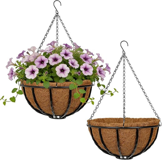 12 Inch Metal Hanging Basket with Coco Coir Liner for Flowers Planting, 2 Pack Hanging Baskets for Plants Outdoor, Round Wire Twisted Planters with Chain for Home Patio Porch Balcony Garden Decor