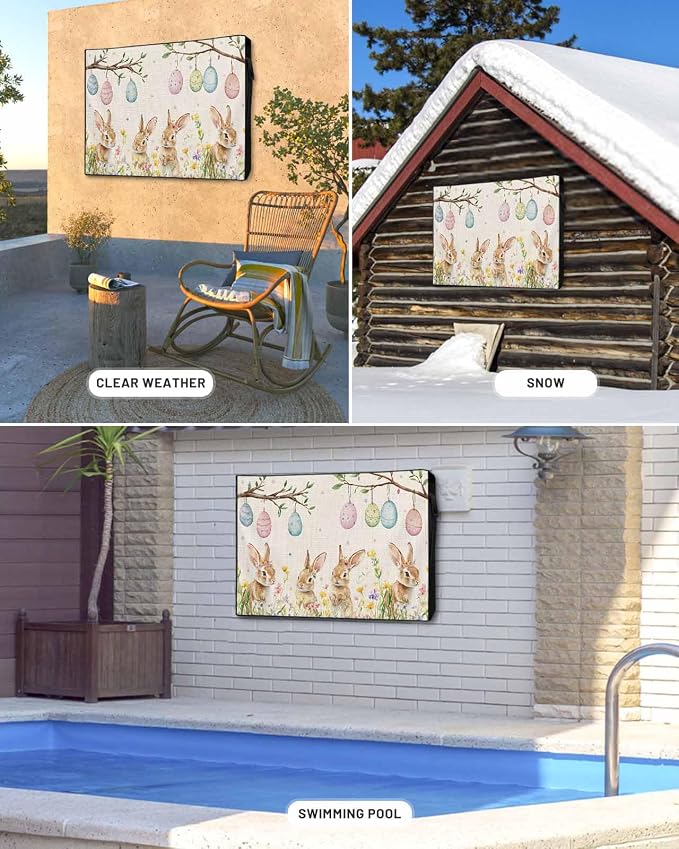 Easter Outdoor TV Cover for Outside Flat Screen,Farm Rabbit Egg 600D Thick Waterproof Weatherproof Outdoor TV Screen Protector with Zipper for 60 to 65 Inch Flat Screens Spring Flower Tree on Linen