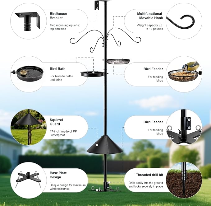 92 Inch Squirrel Proof Bird Feeder Pole with X shape Base Plate, Heavy Duty 1 Inch Dia Bird House Pole, Adjustable Multi-Hook Bird Feeding Station with Squirrel Baffle, Water Bowl & Mesh Tray