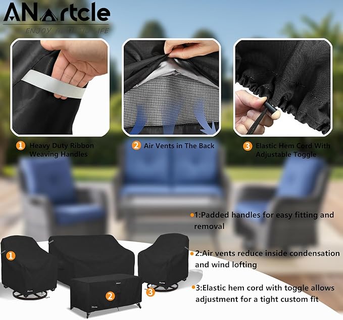 ANartcle Patio Furniture Covers 4 Piece Set, 600D Waterproof Heavy Duty Outdoor Furniture Covers,Fit Wicker Patio Loveseat, Swivel Rocker Chair and Coffee Table,Black