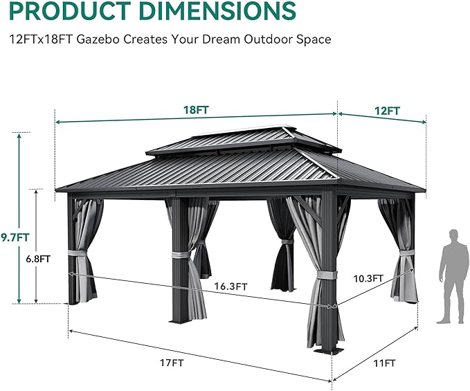 YITAHOME 12x18ft Hardtop Gazebo with Nettings and Curtains, Heavy Duty Double Roof Galvanized Steel Outdoor Combined of Vertical Stripes Roof for Patio, Backyard, Deck, Lawns, Gray