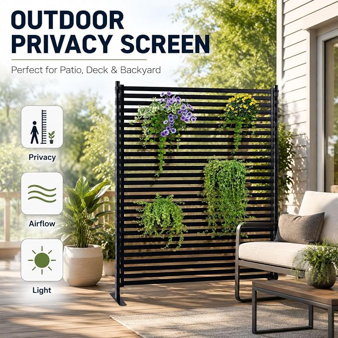 FOLLOOK Metal Privacy Screen Outdoor Freestanding, Poly-Coating Rustproof Metal Decorative Slatted Privacy Screen Fence Panels for Outside Backyard Garden Patio Deck, 48" W x 71" H, Black