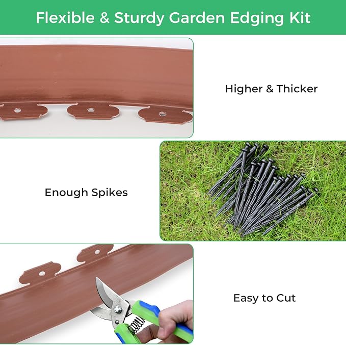 3-Inch x 100 FT Landscape Edging Border Kit with 150 Stakes, Plastic Garden Edging Border, Flexible No Dig Lawn Edging Border for Garden Flower Beds Yard Pathway Paver (Brown)
