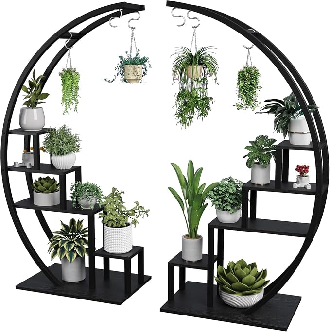 IDEALHOUSE 2 Pack 5 Tier Tall Indoor Plant Stand, Metal Half Moon Tiered Flower Rack, Space-Saving Design with 6 Hangers for Multiple Plants Display, Decorative Shelf for Home & Outdoor,Black