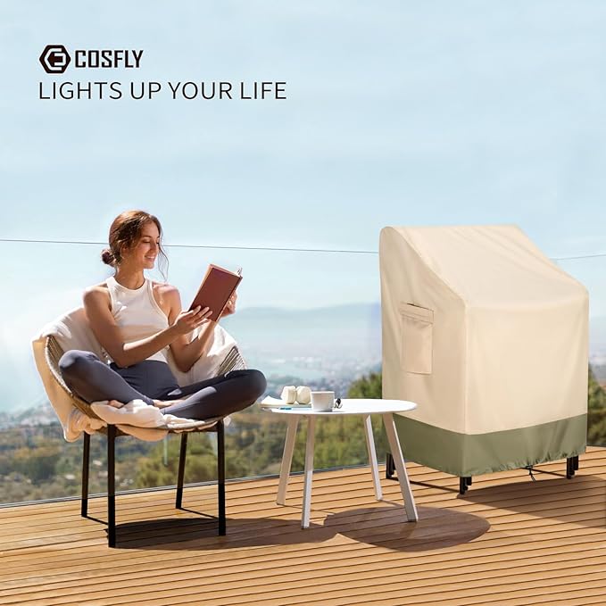 COSFLY Stackable Patio Chairs Covers Waterproof, Outdoor Furniture Covers Heavy Duty for 4-6 Stacking Chairs 1Pack - Fits up to 28w x 36D x 47H inches (Beige)