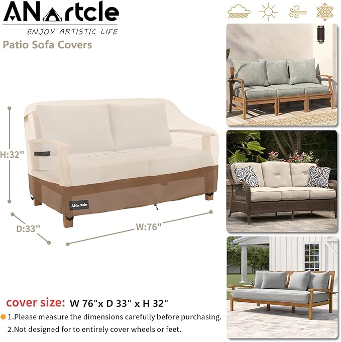ANartcle 3-Seater Patio Sofa Cover,76W x 32.5D x 33H Inches Outdoor Couch Cover,100% Waterproof Heavy Duty Patio Sofa Covers,Patio Furniture Covers,Beige&Brown